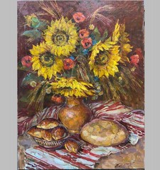 Old OIL Hand PAINTING/Sunflowers Poppies Bread/Ukrainian Canvas Realism 80cm=31″