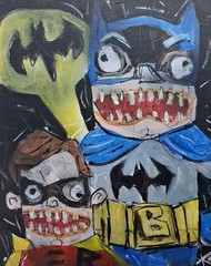 Original Batman & Robin 66 Folk Art Weirdo Painting Thayer OOAK Batmobile