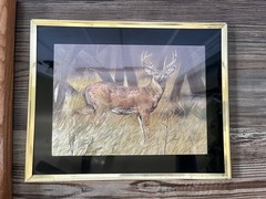 2 Vntg Deer Buck Framed/signed Oil Foil Paintings Art Landscape Hunting Woodland