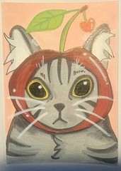 ACEO „Cherry Kitty“ Cat original painting acrylic markers Artist Trading Card