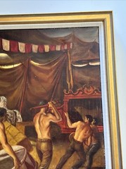 VINTAGE CIRCUS PAINTING WORKERS PERFORMERS 30 INCHES LISTED AMERICAN WPA STYLE