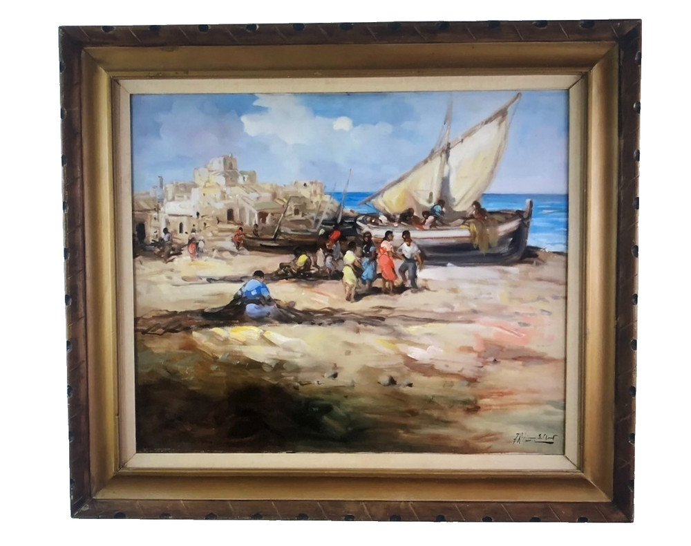 Vintage Oil Painting FRANCISCO RODRIGUEZ SAN CLEMENTE Boat Gypsy Scene 37×32