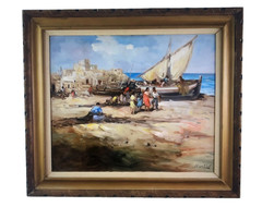 Vintage Oil Painting FRANCISCO RODRIGUEZ SAN CLEMENTE Boat Gypsy Scene 37×32