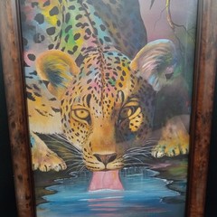 Original Oil Painting Leopard Drinking From Watering Hole Kingsley Maigwa FRAMED