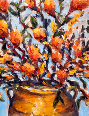 Oil Painting Vase Flowers Olive Branches Jar Still Life Original Frame – Donalee