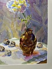 Grace Bracegirdle (1944 – 2023) „Quail Eggs And Carnations“ WC Painting – Framed