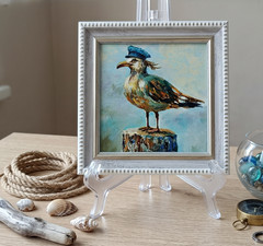 Seagull Captain Original Oil Painting 4×4 Framed Signed Bird Sea Nautical Art