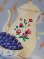 Pastel Painting Teapot Blueberries, Original Still Life, Paper 7 x 11 Inches