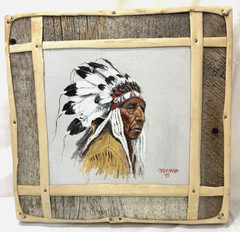 Orignal Painting Cheyenne Indian Chief Jack Datisman Wood Leather Frame 1978