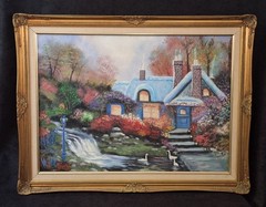 Vintage Cottage Oil Painting by Lancial in the style of Thomas Kinkade 28″