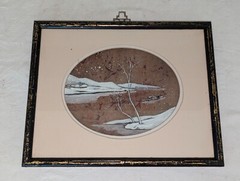 Vtg Japanese Painting Marked Z Sui 85 N.Y. w Signature Woman Child Girl in Boat