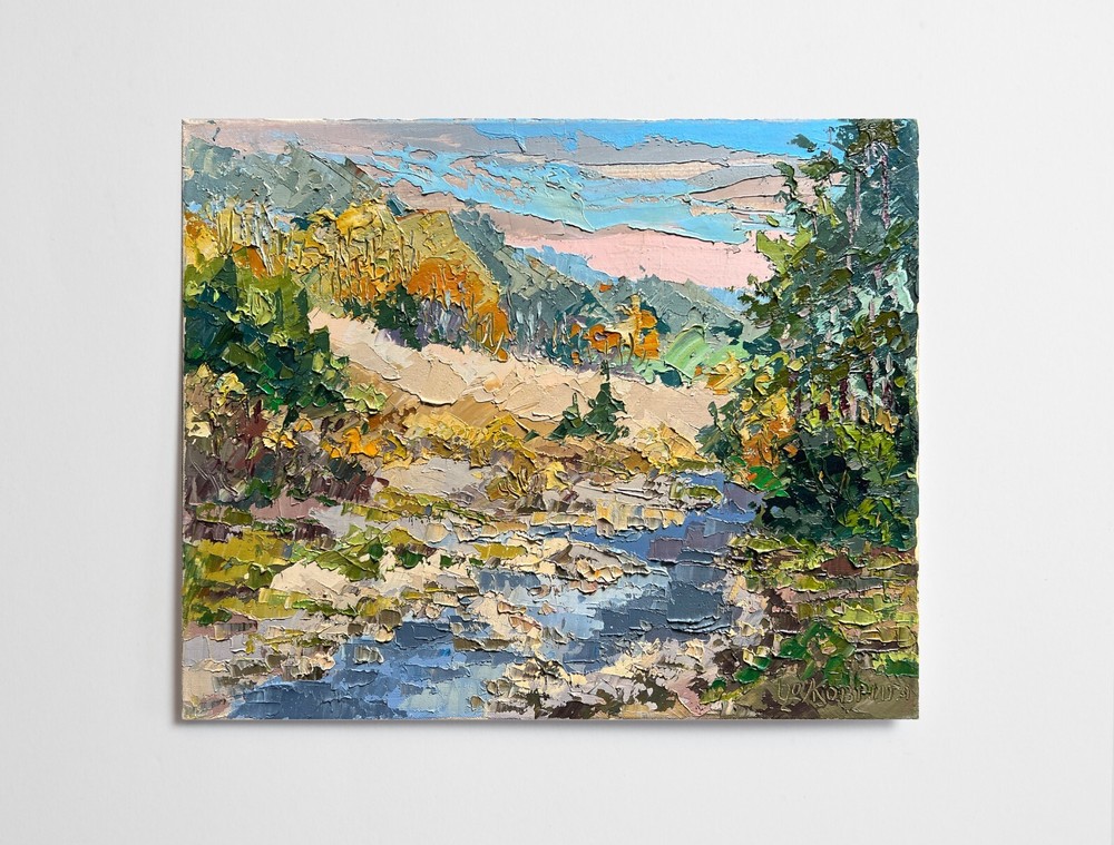 Oil painting Carpathian village Ukrainian painter Canvas Framed original art