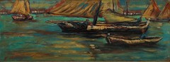 Framed 20th Century Oil – Boats at Sunset