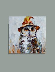 original oil painting Owl Bird artwork animals wall art 8*8 inch