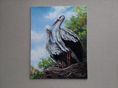 Stork Painting. A Cozy Romance: Love in nest with Two Intertwined Storks Souls.
