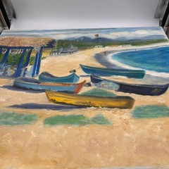 Vintage Seascape Oil Painting Boats Ocean Original Art 20×24 Canvas Unsigned