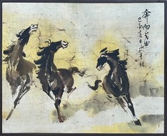 Rare Vintage MCM Original Taipei Taiwan China Batik Painting , Running Horses
