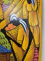 Vintage Signed JEAN Haitian Market Folk Art 23×19 Oil Painting on Cloth Canvas