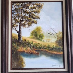 Original D Davidson Oil Painting Landscape Trees Lake Framed 19×23 Vintage Art