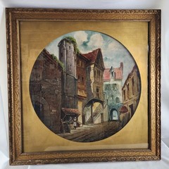 1888 Medieval Old Town Street Scene Oil Painting on Leather Board 20″