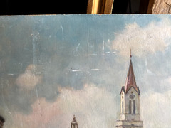 ::OIL PAINTING CITY WITH CHURCH AND THEATRE -WHO KNOWS THE PLACE? INREADABLE SIGN.