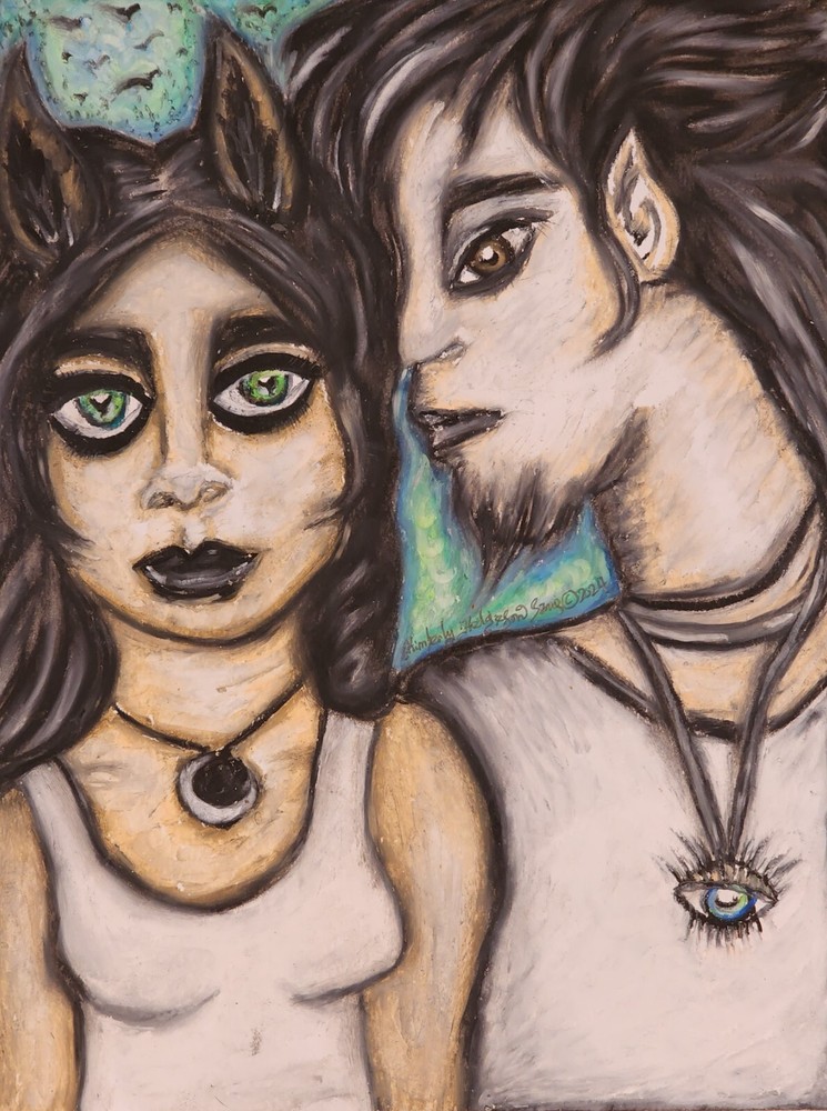 WEREWOLF FAE COUPLE Original 9×12 Oil Pastel Painting Signed Artist KSams Gothic