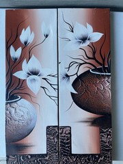 Modern Floral Diptych Hand-Painted Acrylic Painting on Canvas, 23×12 Inches