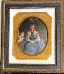 19th Century Oil on Canvas Portrait Woman with Children 24×20 Deep Gilded Frame