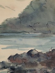 Vintage Watercolor Ink Maritime Seascape Painting Sailboats Coastal Beach Framed