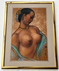 Vintage Chinese/ Asian „Female Nude“ Portrait Charcoal Pastel on Paper. Signed