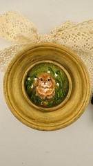Vintage Poofy little rabbit Oil Painting: Small Round Frame, Country Wall Art