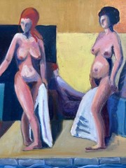 Expressionist Nude Women Poolside Modern Oil Painting Danish Art