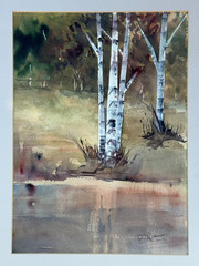ORIGINAL WATERCOLOR PAINTING BIRCH TREES RIVER POND LANDSCAPE SIGNED ILLEGIBLE