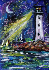 ORIGINAL ACEO Painting LIGHTHOUSE Night Stars Ocean Boats Waves Moon Sea ATC ART