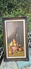 Vintage Oil Painting Still Life Fruit, Wine Copper Bowl Framed Brown Background