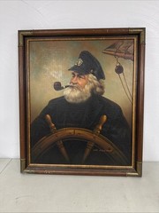 Vintage Large Original Sea Captain Oil Painting Pipe Scope Wheel by Kim Benson