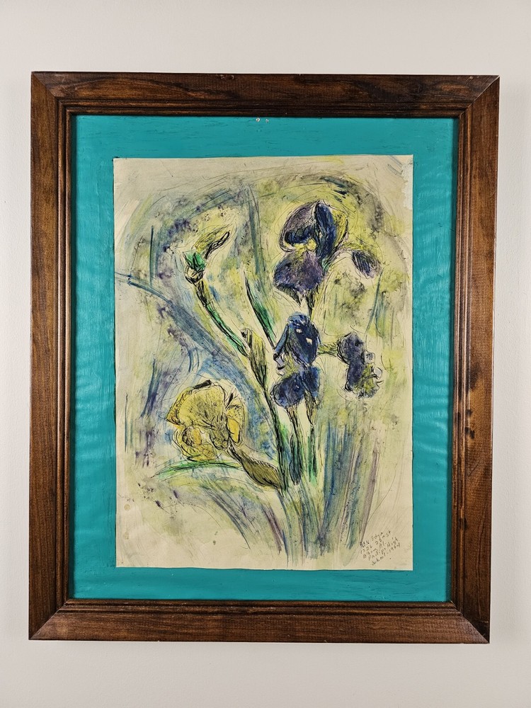 Vintage Original Signed Ron Edge Watercolor & Ink Painting 22×18 Framed Art Iris
