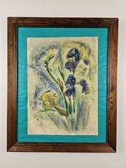 Vintage Original Signed Ron Edge Watercolor & Ink Painting 22×18 Framed Art Iris