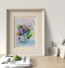 Original Signed Watercolor. Violets. Purple Flowers. Woodland. Moss.