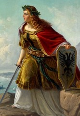 Lorenz Clasen Oil Painting German Woman Warrior Rhine River Coat Of Arms 19th C.