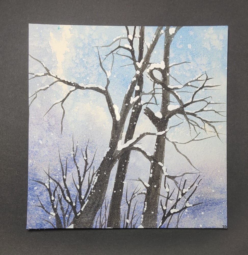 Small Realism Winter Trees Landscape Watercolor Painting on Paper Unframed Art