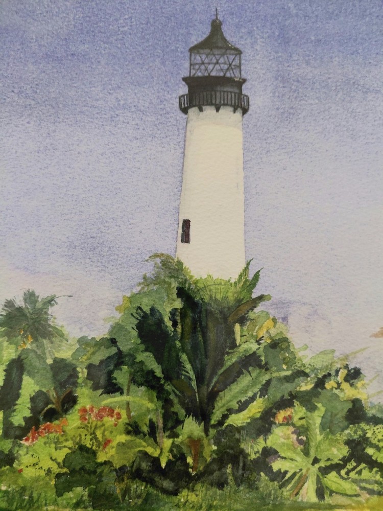 Key Biscayne Lighthouse Fisherman Watercolor Painting J.P. Caulfield 20 x 27