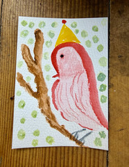 Original Small Bird Watercolor Painting Pink Bird Yellow Hat Fantasy Art