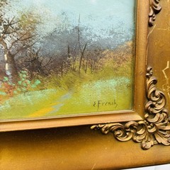 Antique Landscape Oil Painting Farmhouse Lake Scene Gilt Frame Signed E. French