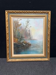 Vintage Lakeside Landscape Vintage Original Painting Oil / Canvas 28X32″