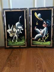 Vintage Painted Black Velvet Mexico Boy Donkey Pair EXCELLENT Carved Wood Frames