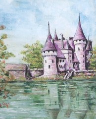 Vintage French Oil Painting, Chateau Sully-sur-Loire, Loire Valley River, Signed