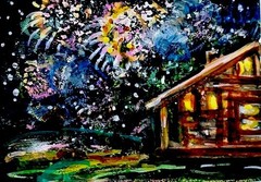 ACEO Original PAINTING Night Sky CABIN Fireworks Stars Nature Landscape ATC ART