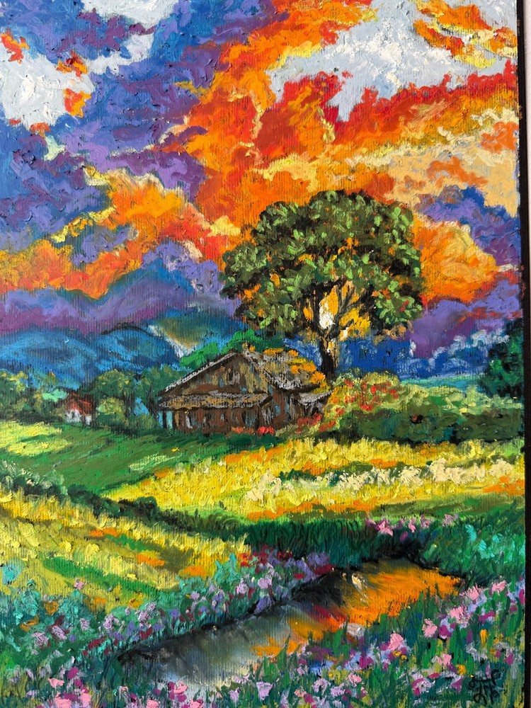 Abstract Landscape Original Art House in the Field Wall Art Oil Pastels Sunset