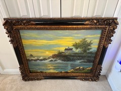 50×40″ Ornate Baroque Giltwood & Black Enamel Frame w/Oil on Canvas Painting
